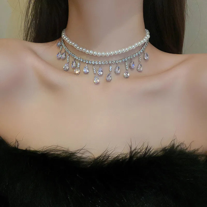 Luxury Pearl Tassel Water Drop Zircon Crystal Choker Necklace Jewelry