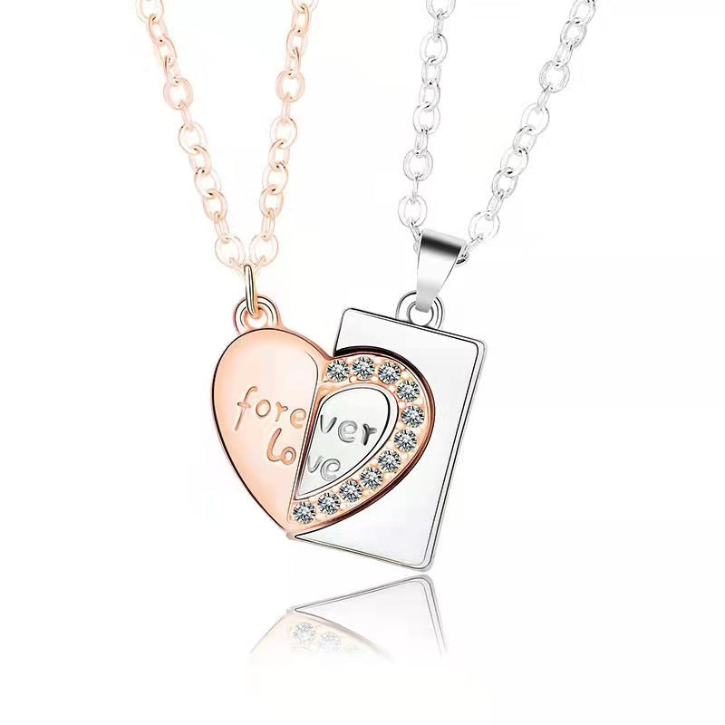 Forever Love Imprint Heart-Shaped Couple Pendant Necklace Women's Collarbone Chain Necklace Set