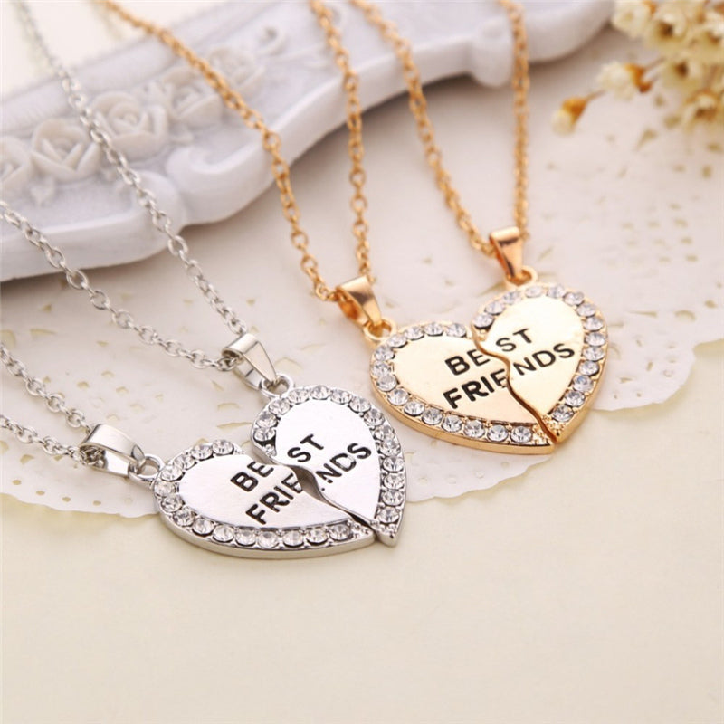 2 Pieces Best Friends BFF Crystal Heart Necklace Pendant