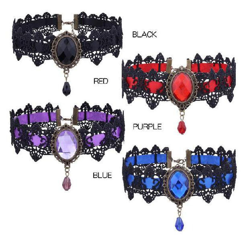 Gothic Crystal Black Lace Choker Retro Punk Braided Clavicle Chain Women MGE00001