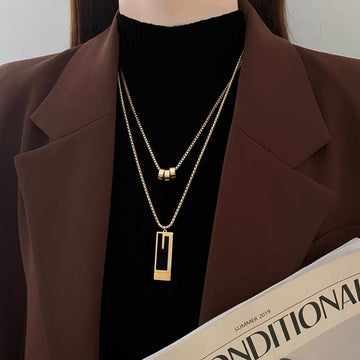 Titanium Steel Double Layered Square Golden Necklace Women's Personality Versatile Fashion Accessories Sweater Chain X-334