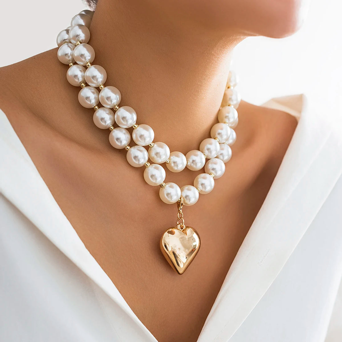 Imitation Pearl Beads Heart Designer Elegant Necklace Big Heart Pendant Choker Jewelry