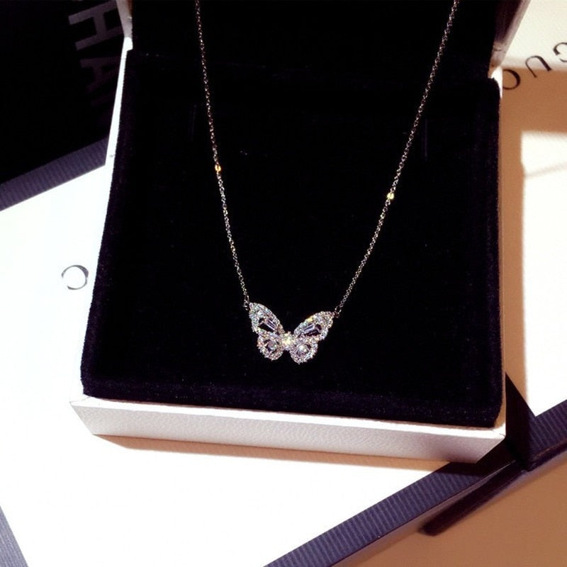 Cute Butterfly Pendant Rose Gold Silver Color Long Chain Necklace Fashion Jewelry