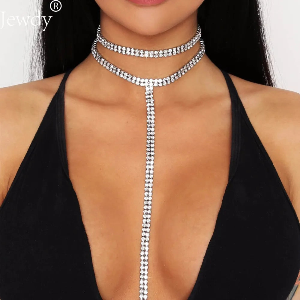 Rhinestone Double Choker Necklace Chain Pendant Maxi Collar Wedding Jewelry