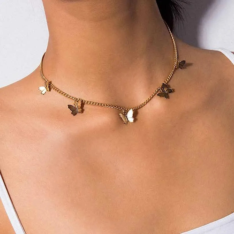 Chain Butterfly Pendant Choker Necklace Gold Silver Women Statement Jewelry