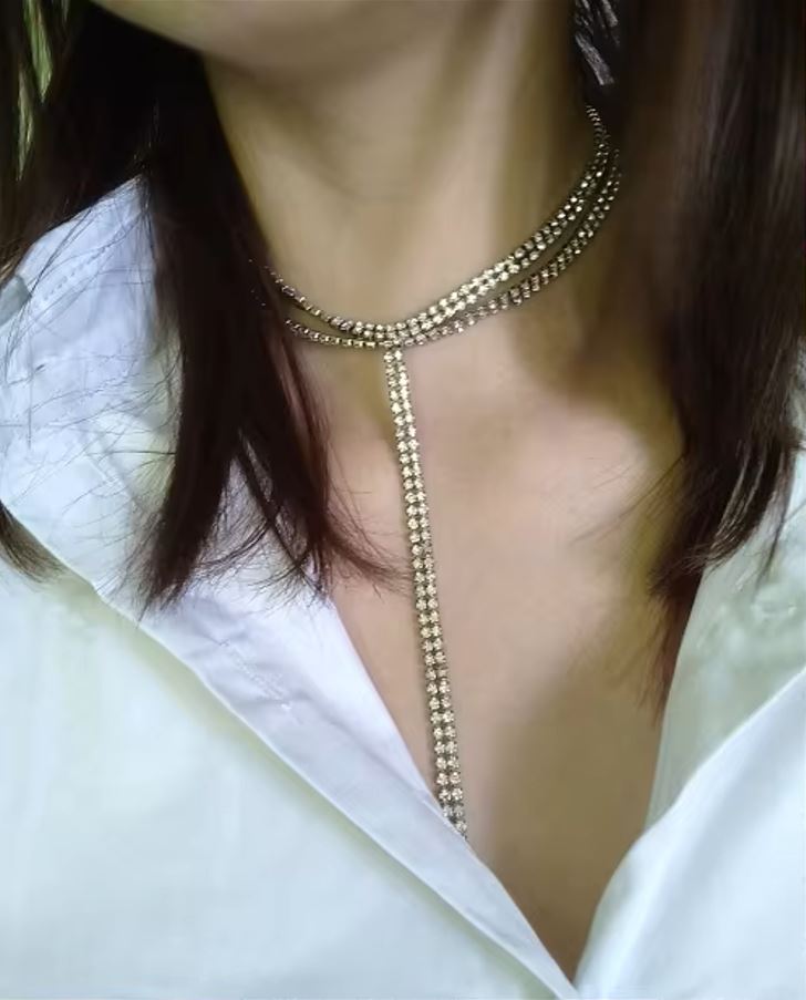 Rhinestone Double Choker Necklace Chain Pendant Maxi Collar Wedding Jewelry