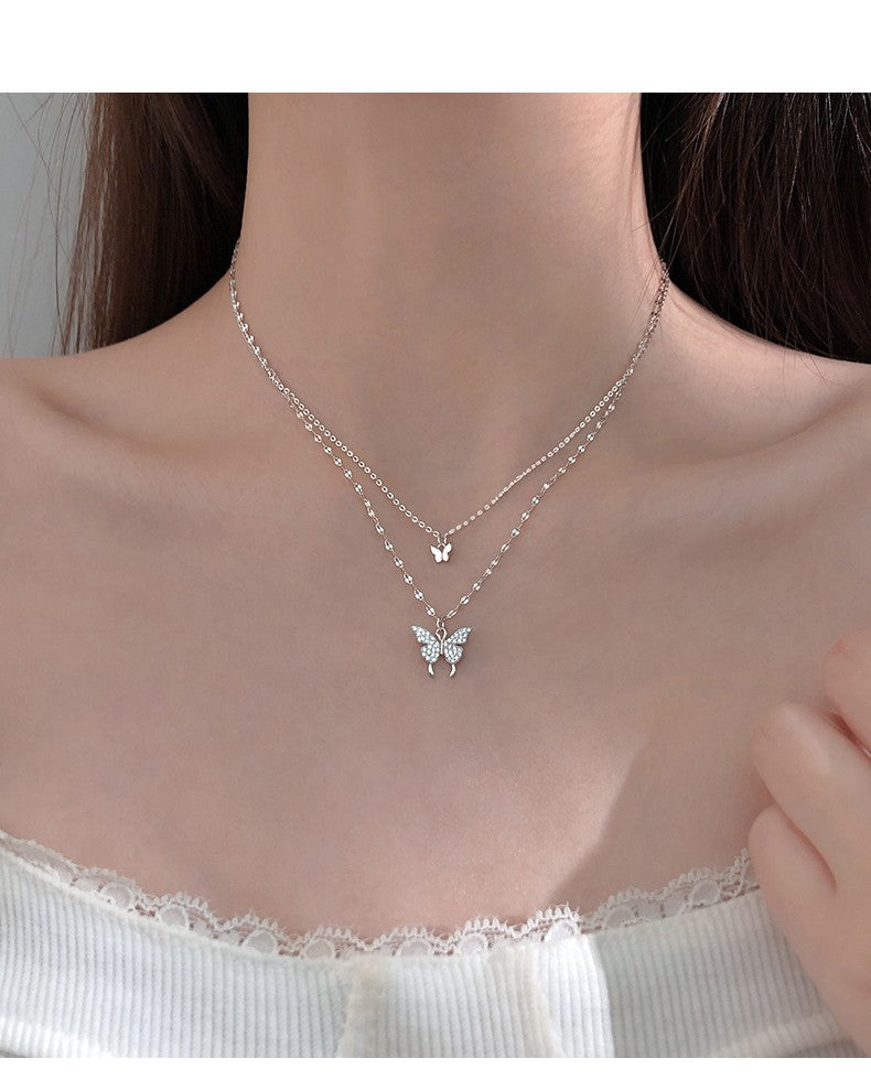 Dual Butterfly Double Layer Silver Cute Pendant Clavicle Chain Necklace Designer A5627