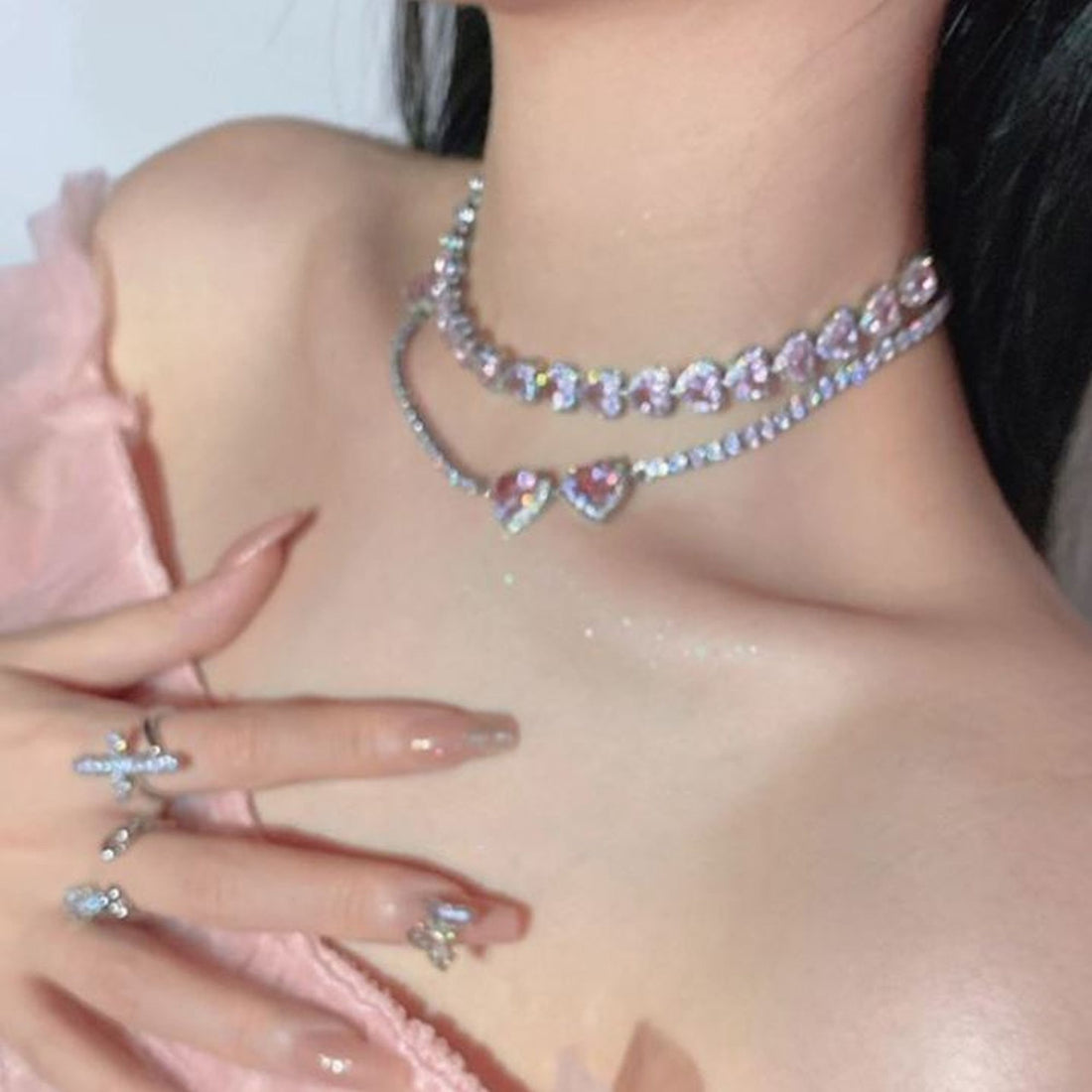 Sweet Pink Love Hearts Zircon Necklace Light Luxury Designer Pendant JUN002