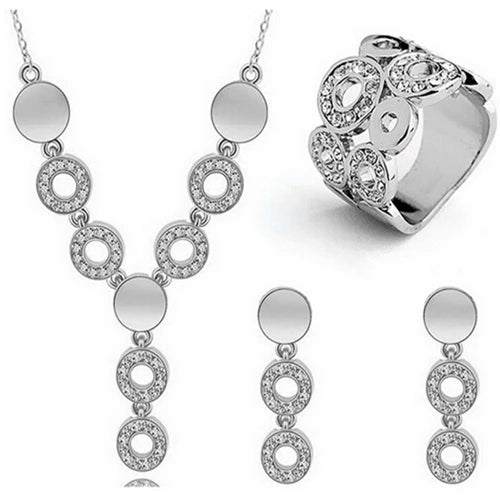 Classy Sparking Crystal Necklace Earring Ring Set Concentric Circles Designer Elegant Women's Jewelry