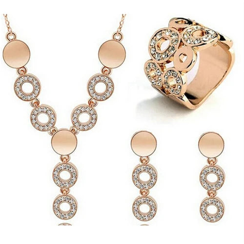 Classy Sparking Crystal Necklace Earring Ring Set Concentric Circles Designer Elegant Women's Jewelry